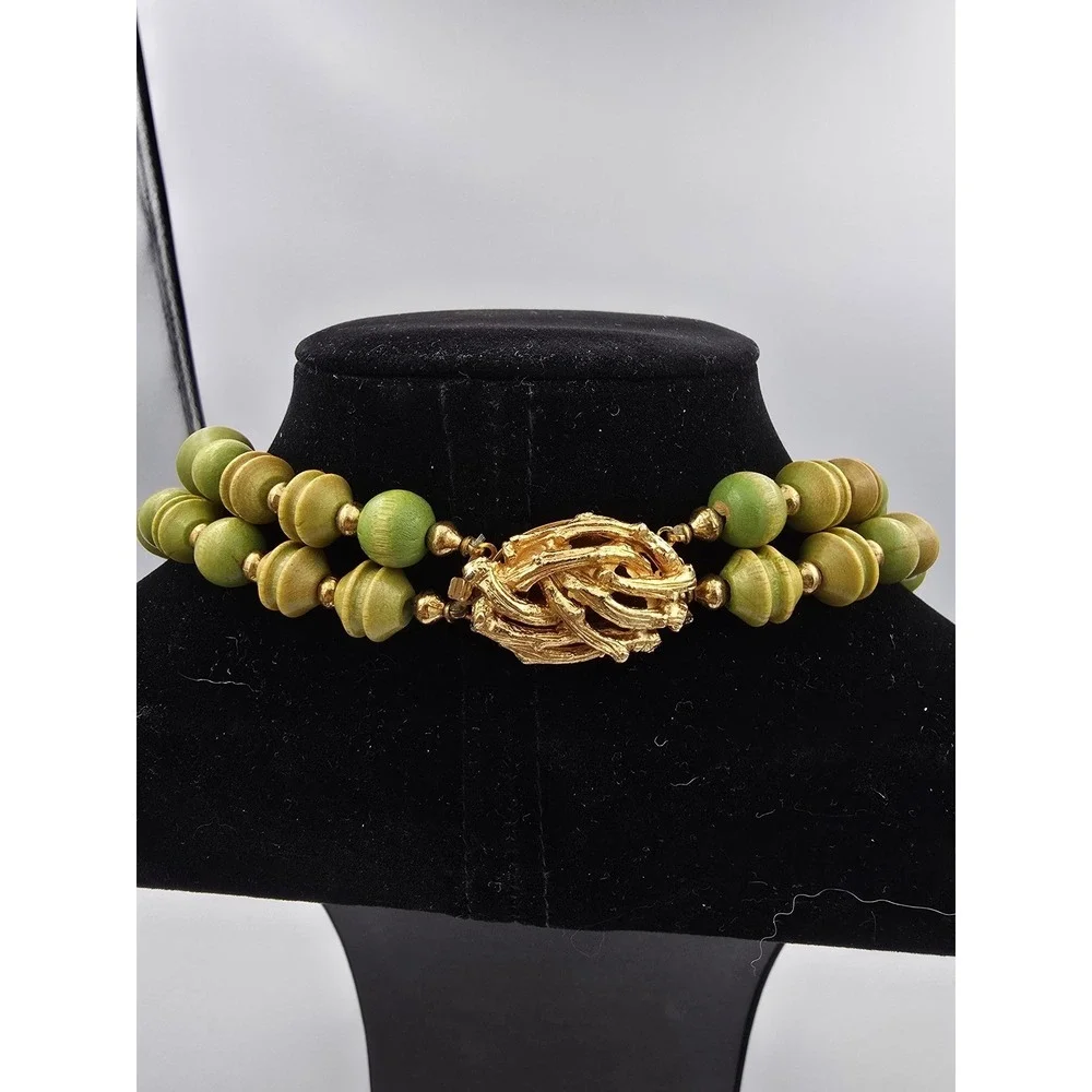 Vintage ‎ Double Strand Wood Bead Necklace Green Yellow Gold Tone Clasp